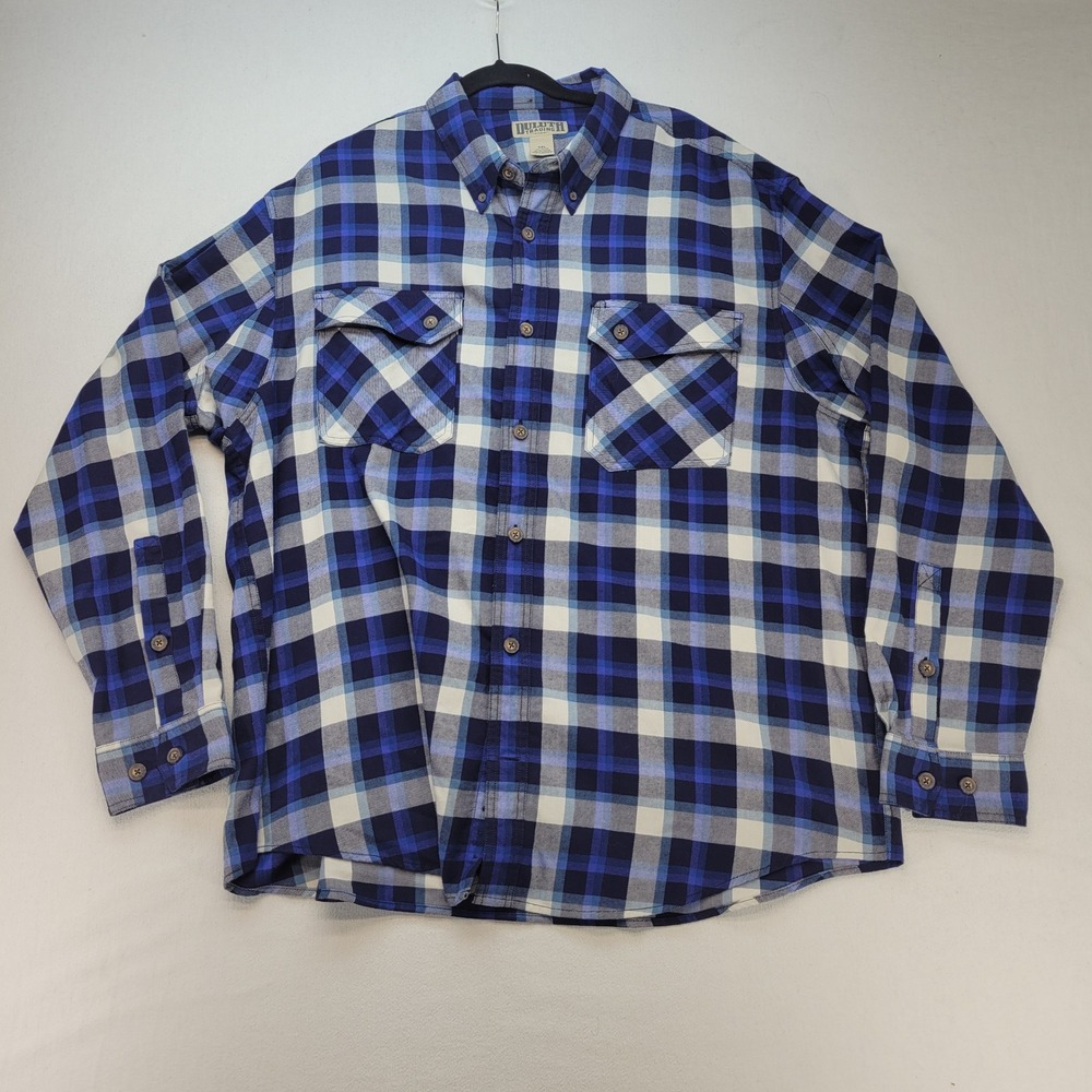 Duluth Trading Co Flannel Shirt Mens 2XL Blue White Button Down Long Sleeve